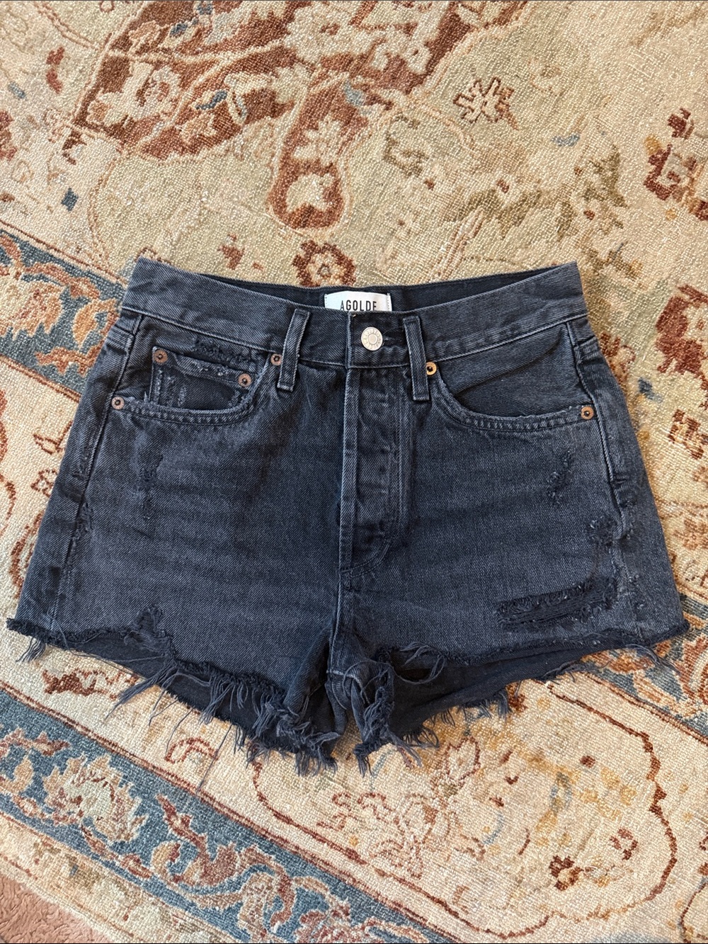 Agolde Washed Black Frayed Denim Shorts